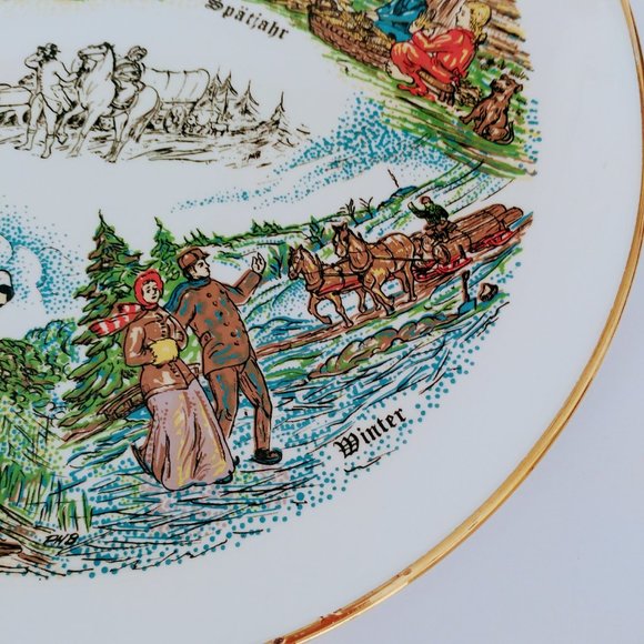 22K Gold Rim Collector Plate Pennsylvania German Folk Art 4 seasons prairie - Picture 5 of 7